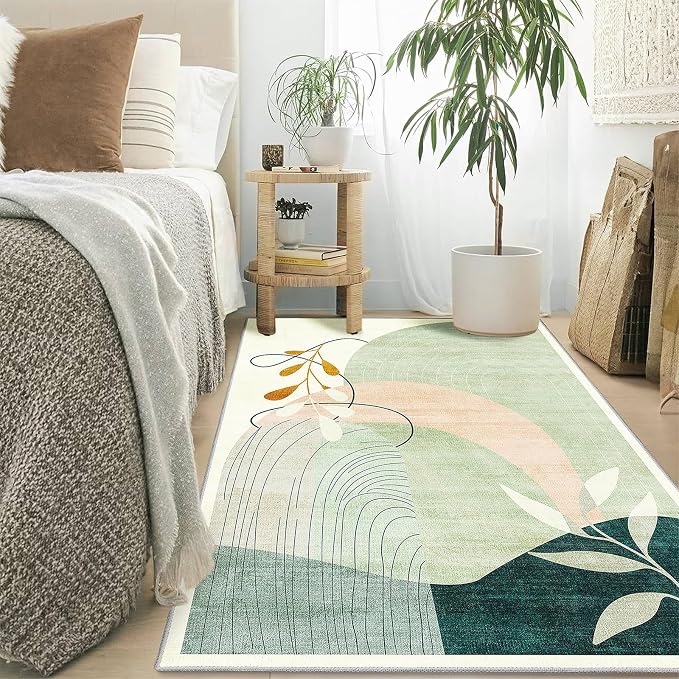 3x5 Rug Washable Area Rugs Low Pile Non Slip Mid Century Modern | Small Throw Carpet for Bedroom Entryway Living Room Office Bedside Entry Indoor Boho Abstract Retro Geometric Green