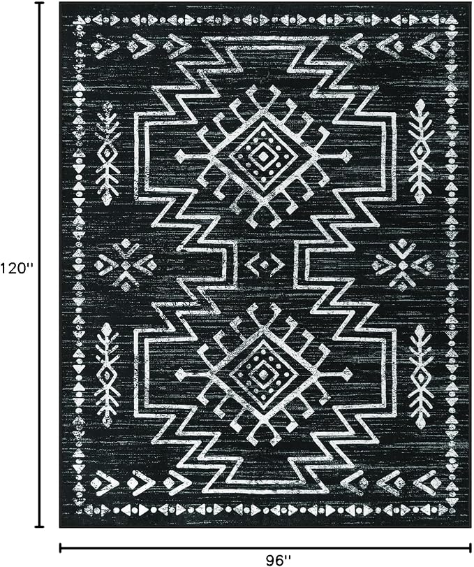 Lahome Washable Living Room Rugs 8x10, Western Black and White Bedroom Rug | Low Pile Boho Distressed Aztec Floor Carpet for Dining Room, Soft Stain Resistant Large Moroccan Carpets