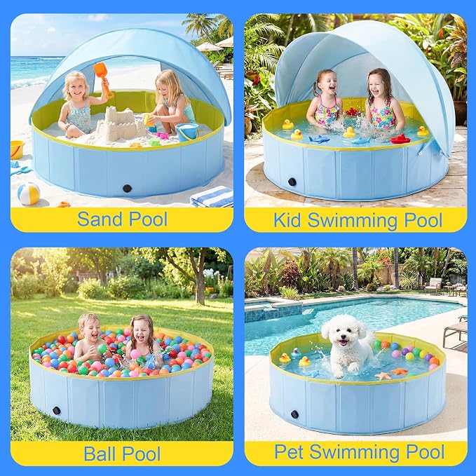 Kiddie Pool with Canopy, Large Foldable Pool Detachable UPF 50+ Sunshade | 48in Pool, Removable Sunshade, Foldable, Non Slip, Swimming Pool Beach Essentials Tent with Shade for Outdoor Backyard Beach