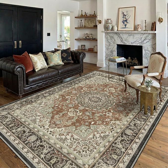 6x9 Area Rug for Living Room Vintage Washable Non Slip Rugs | Farmhouse Boho Floral Neutral Stain Resistant Indoor Carpet for Bedroom Office and Home Decor(Brick&Brown)
