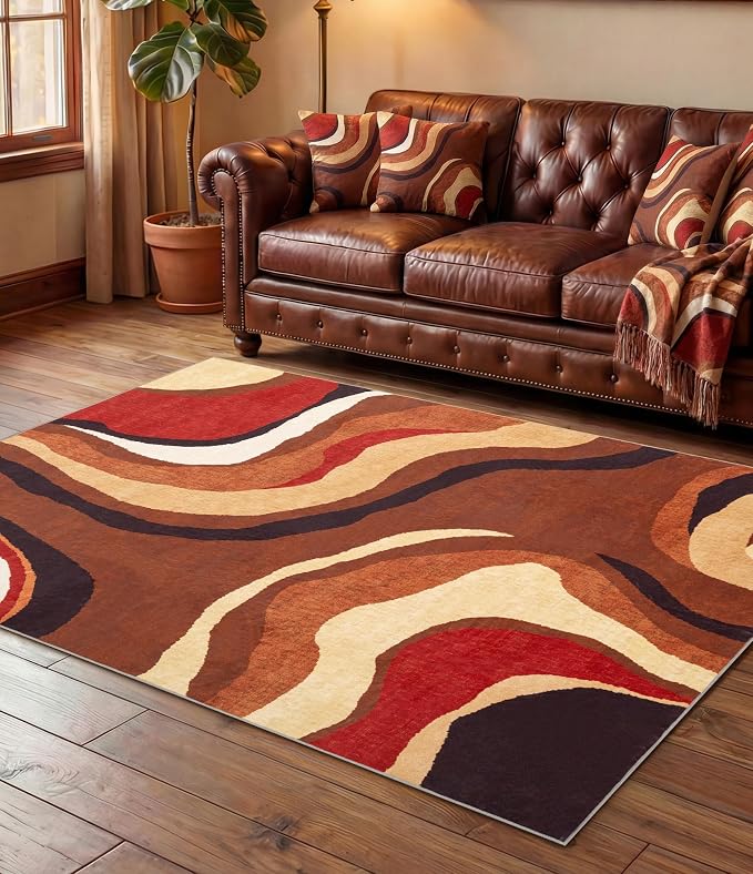 Burnt Orange Rug 3x5 Washable,Farmhouse Brown Retro Carpets,Geometric Abstract Wavy Rug for Bedroom,Unique Colorful Rugs for Living Room,Dining Room,Bedside Rugs