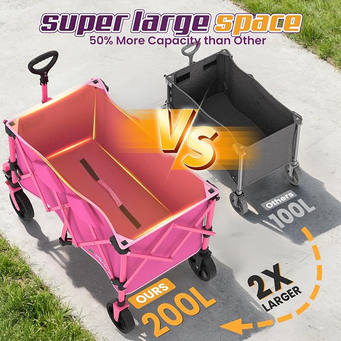 Wagons Carts Foldable,Collapsible Wagon with Wheels,450LBS Heavy Duty Beach Wagon Cart,Lightweight Portable Folding Utility Wagon Cart with Cup Holders for Camping, Garden, Sports, Grocery pcs (Pink)