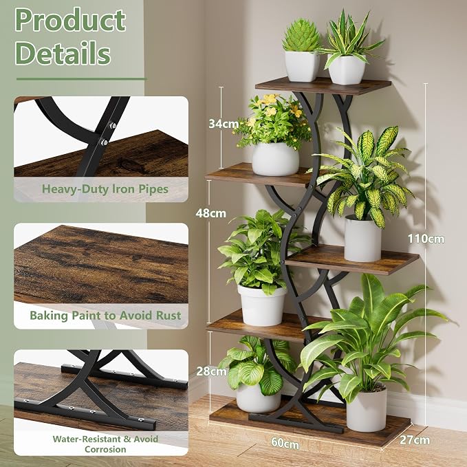 Plant Stand Indoor with Grow Lights - 44" Tall Corner Plant Stands for Indoor Plants, 5 Tiered Metal Plant Shelf, Curved Plant Flower Holder Dispaly Rack for Living Room, Home Patio Balcony (Black)