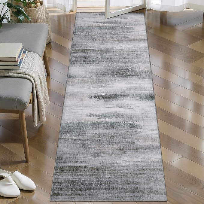 Tangsoo Modern 2x5 Washable Runner Rug, Abstract Runner Rug Non Slip | Grey Indoor Soft Low Pile Hallway Runner Rug, Contemporary Print Runners for Entryway Kitchen Bedroom Bathroom Home Decor