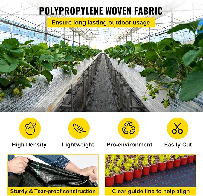 Happybuy 6x300ft Premium Weed Barrier Landscape Fabric Heavy Duty 2.4OZ, Woven Weed Control Fabric, High Permeability Good for Flower Bed, Geotextile Fabric Underlayment, Driveway Fabric Ground Cover | Durable PP Fabric,Weed Control & Soil Improve