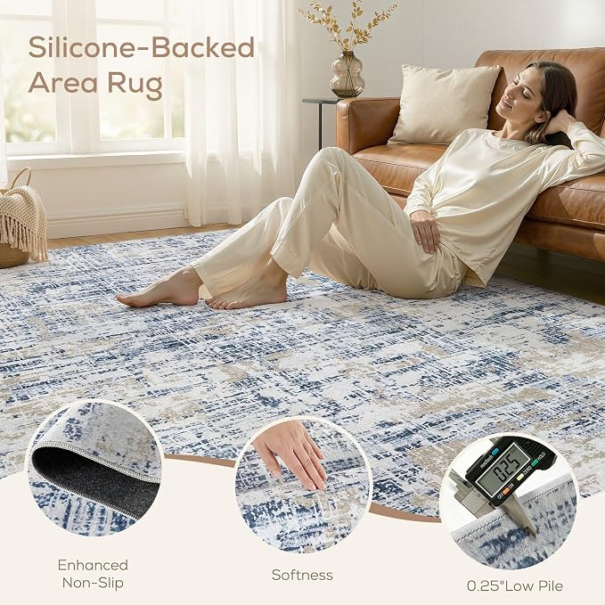 Nakagishi 8X10 Abstract Washable Area Rugs for Living Room-Blue Golden | Modern Non-Slip Silicone Backing Low Pile Soft Carpet for Bedroom Dining Decor Ideal for Families with Kids and Pets