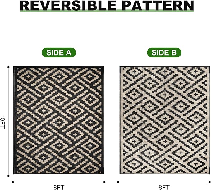 RURALITY Outdoor Rugs 8x10 Feet for Patios Clearance,Plastic Straw Waterproof Mats for Backyard,Porch,Deck,Balcony,Black&Beige