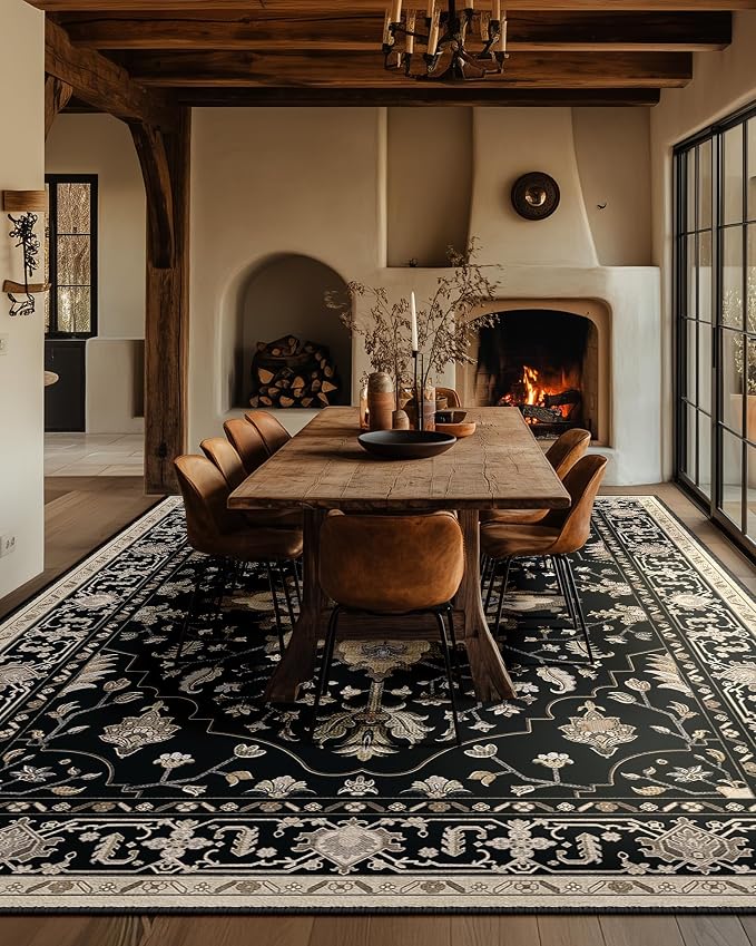 RELEANY Washable Area Rug, 6'x9', Black/Neutral | Non-Slip, Water Repellent, Pet Friendly, Easy to Clean, Vintage Floral Boho Decor for Living Room Bedroom Dining Room Office