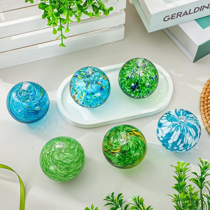 JarThenaAMCS 6Pcs Hand Blown Glass Ball Ornaments 2.4 Inch Summer Beach Gazing Ball Blue Green Hanging Friendship Witch Balls for Hawaii Home Party Garden Wall Window Decor