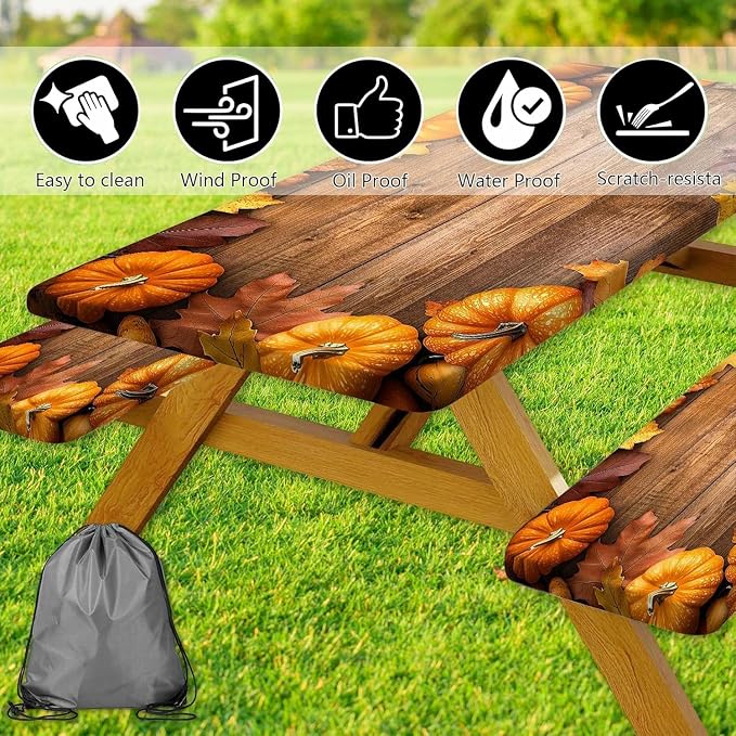 Picnic Table Cover with Bench Covers Elastic Edges, Outdoor Patio Camping Essentials 72 Inch 3PCS, Camper Fitted Table Cover, Waterproof Rectangle Tablecloth with Drawstring Bag,Orange