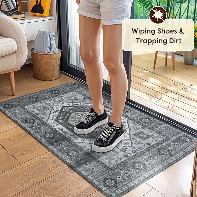 LBRO2M Machine Washable Rug Soft Pet Friendly Carpet 2X3 Dark Gray | Persian Rug 2X3 for Entryway, Kitchen, Bathroom Non Slip Carpet, Foldable Stain Resistant Rugs