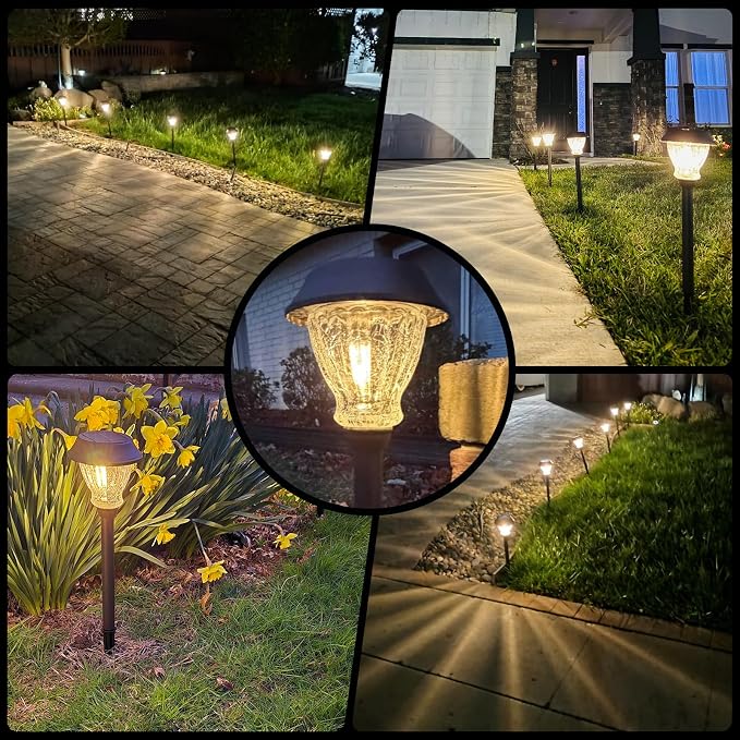 XMCOSY+ Solar Pathway Lights Outdoor, 8 Pack Decorative Crackled Glass Garden Lights, Soft Warm White Glow, Auto On/Off Waterproof Landscape Lighting for Yard Walkway Patio