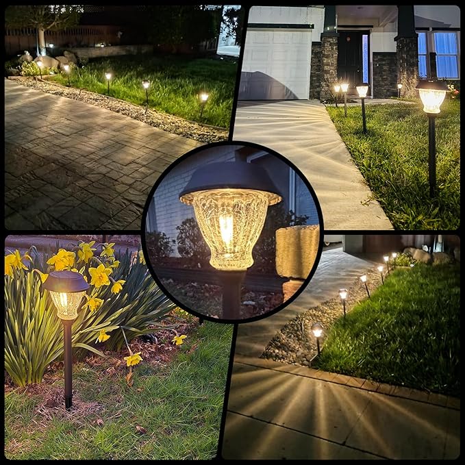 XMCOSY+ Solar Pathway Lights Outdoor, 6 Pack Decorative Crackled Glass Garden Lights, Soft Warm White Glow, Auto On/Off LED Waterproof Landscape Lighting for Yard Walkway Patio