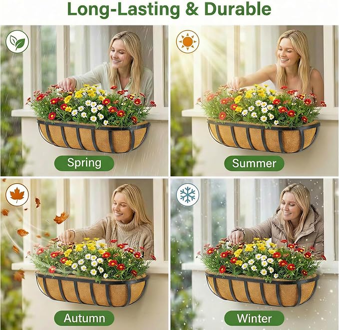 Y&M 24 Inch Railing Planter Boxes 2Pack, 2-in-1 Window Box and Deck Railing Planters with Coco Liners, Heavy Duty Metal Flower Troughs with Adjustable Brackets for Balcony, Patio and Garden