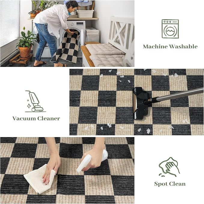 LIVEBOX 4x6 Washable Area Rug Checkered, Non-Slip Small Entryway Rug Black Farmhouse Neutral Classic Geometric Kids Boys Rug for Bedroom Living Room Low-Pile Carpet for Classroom Playroom(Black 4'x6')