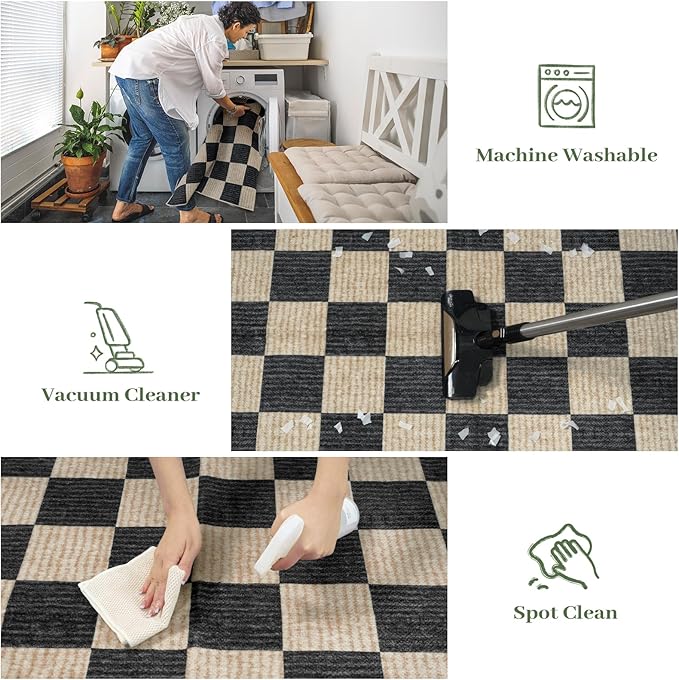 LIVEBOX 10x14 Area Rugs for Living Room, Checkered Non-Slip Washable Rugs, Farmhouse Neutral Classic Geometric Pattern Large Boys Area Rug for Bedroom, Carpet for Dining Room Office (Black,10'x14')