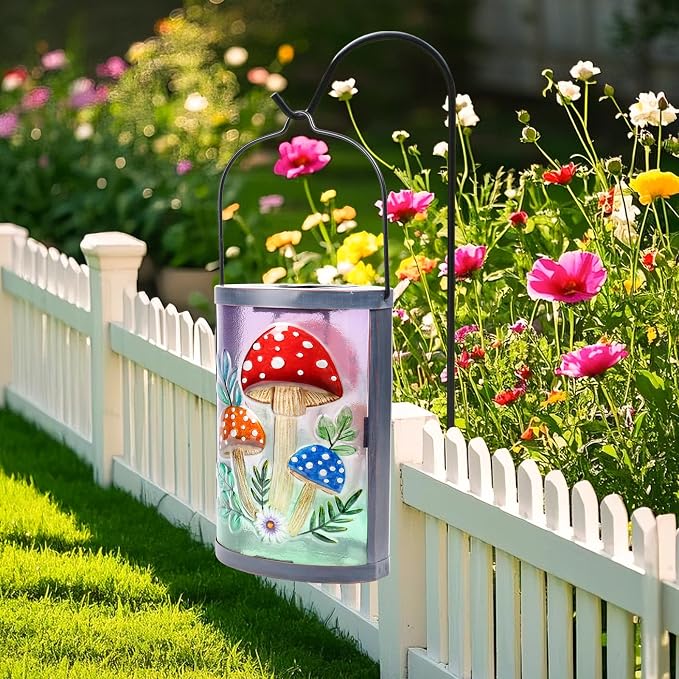 Hanging Solar Lantern Outdoor Waterproof Mushroom Solar Lights Glass Tabletop Decorative Lamp for Outdoor Patio Garden Outside Yard Decor