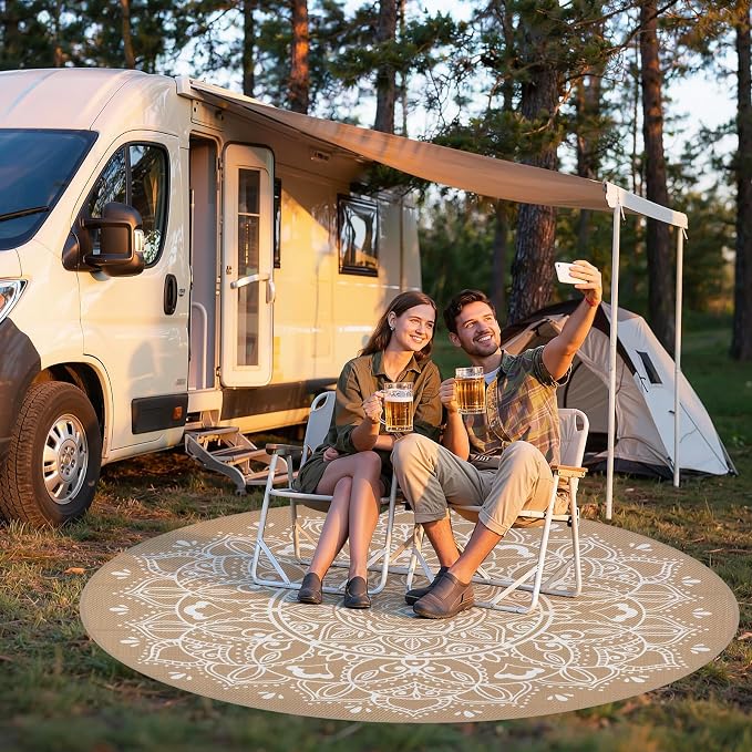 Pauwer Waterproof Outdoor Rug 8ft, Reversible Plastic Straw Patio Camping Rug, Indoor Outdoor RV Mat Carpet for Deck, Camper, Porch, Balcony, Backyard, Picnic, Floral Brown