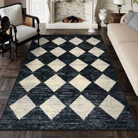 Lahome Machine Washable Area Rug 6x9, Soft Large Bedroom Rug Non Slip Living Room Rugs Dining Room Rugs for Under Table, Moroccan Trellis Printed Black and White Indoor Carpet for Den Dorm Playroom