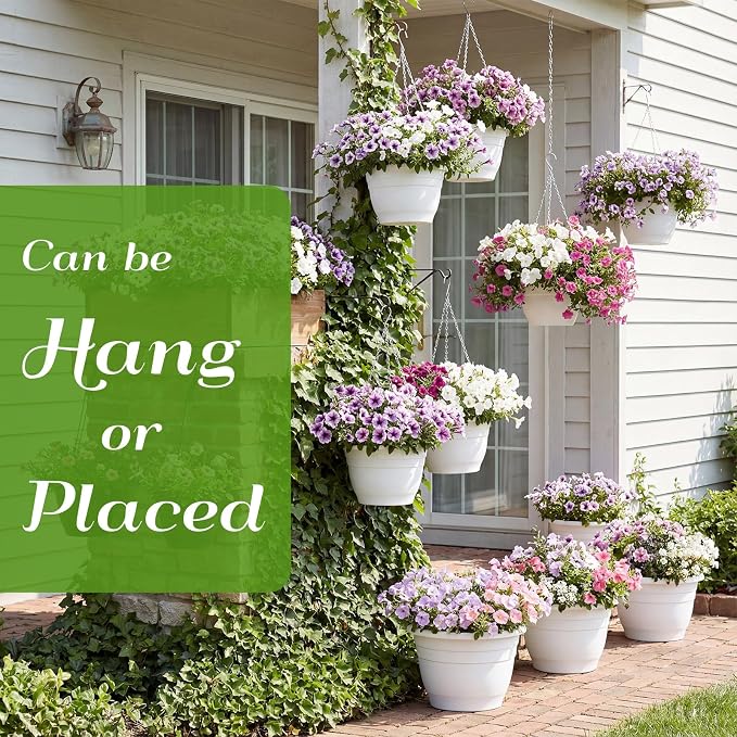 10 Pack 11 Inch Plastic Hanging Planter Bulk White Hanging Baskets for Plants with Drainage Trays Self Watering Plant Pot Outdoor Indoor Planter for Garden, Balcony, Porch, Patio Decor