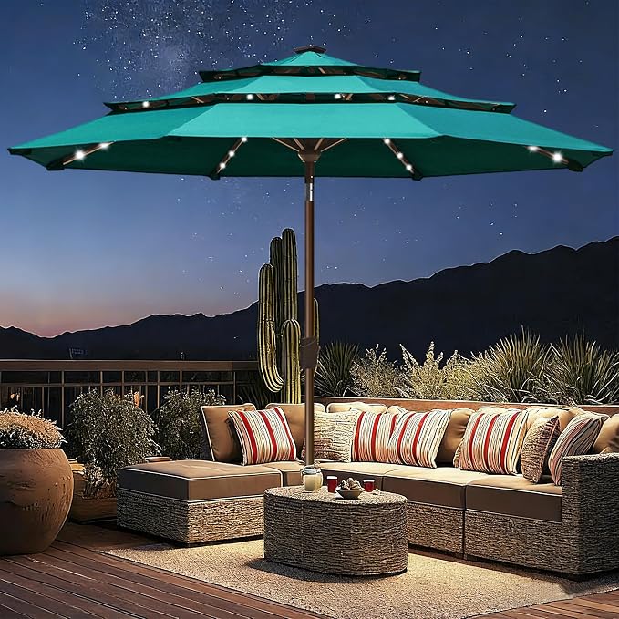 EliteShade USA 10-Year-Non-Fading 10ft 3-Tier Market Patio Umbrella, Commercial Table Umbrella with 80 Solar LED Lights, Crank Open, Windproof & UPF 50+ UV Protection for Garden, Deck, Pool, Backyard, Teal