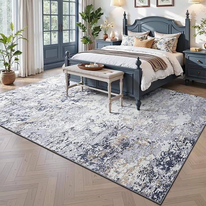 Toneed Washable 8x10 Area Rug with Non-Slip Backing for Living Room | Abstract Modern Rugs, Soft Low Pile Carpet for Bedroom Kitchen Dining Room Nursery Indoor Floor Home Decor, Blue White Gold
