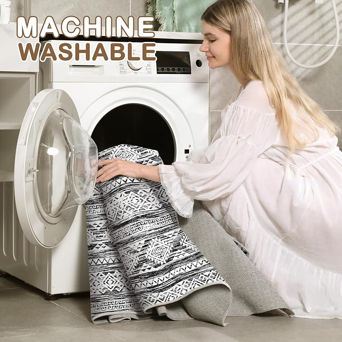 Tortania Area Rug Living Room Rugs - 10x12 Washable Large Soft Neutral Boho Moroccan Bohemian Farmhouse Rug Indoor Floor Carpet for Bedroom Under Dining Table Home Office Decor - Black White