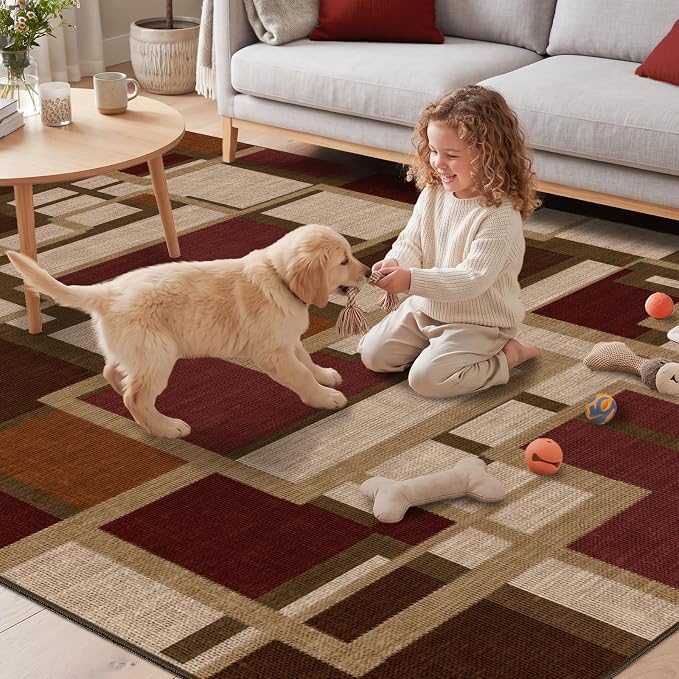 Pionblank Modern Geometric Area Rugs for Bedroom, Red Brown 4x6 Rug | Contemporary Patchwork Blocks Indoor Carpet for Living Room Dining Room Office| Soft Low-Pile Floor Rug| Abstract| Non-Slip
