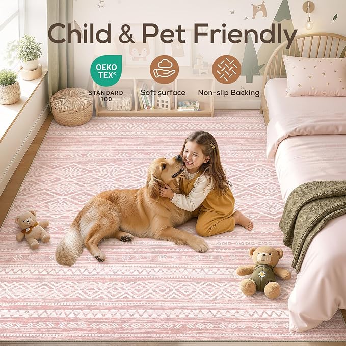 Nakagishi Area Rug Living Room Rugs: 6x9 Large Soft Machine Washable Boho Moroccan FarmNeutral Stain Resistant Indoor Floor Carpet for Bedroom Under Dining Table Home Office Decor-Pink