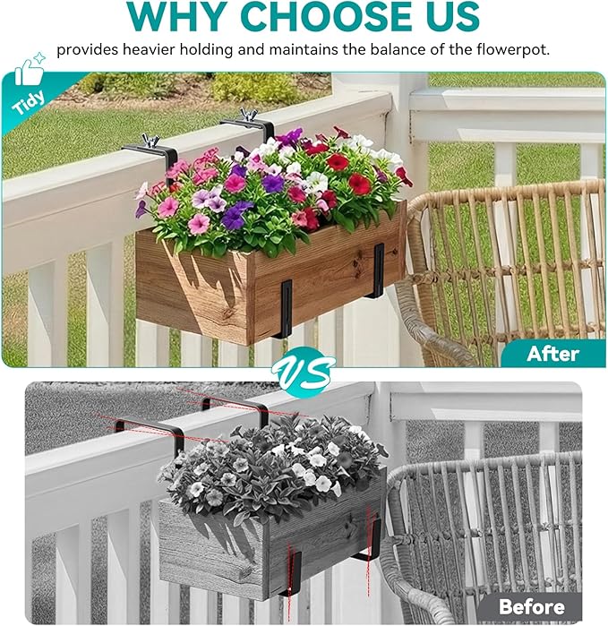 Adjustable Planter Box Brackets,Enhanced Bottom Support,Universal Outdoor Hanging Brackets,Flower Box Brackets for Fence Railings, Windowsill, Patio, Garden,Balcony. (Black)