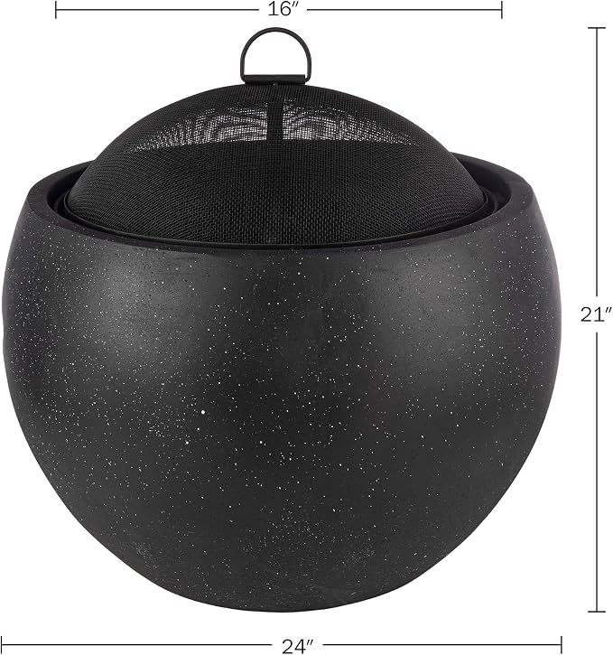 Outdoor Fire Pit - 24” Round Faux Concrete Firepit - Wood Burning Fire Pit with Poker, Screen, Cover - Wood Fire Pits for Outside Patio by Pure Garden