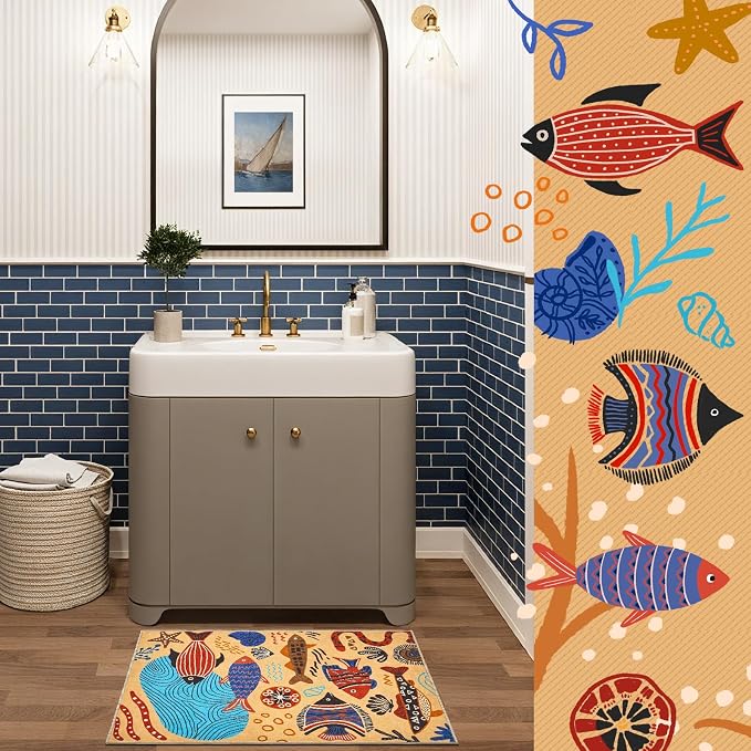 jinchan 2x3 Coastal Area Rug Washable Kids Rug Colorful Ocean Fish Mat, Tan | Soft, Cozy, Non-Slip, Kid-Friendly, Lightweight, Entryway, Small Mat, Kitchen, Dorm, Bedroom, Laundry Room, Bathroom, Nursery