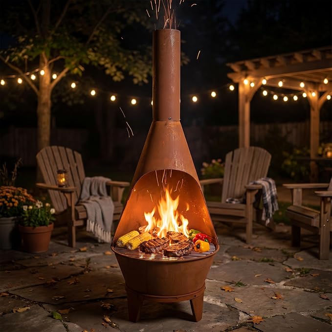 Sunnydaze Large Chiminea Outdoor Fireplace - Outdoor Wood-Burning Fireplace - Chimney Fire Pit with Grill Grate - Rustic - 58" H