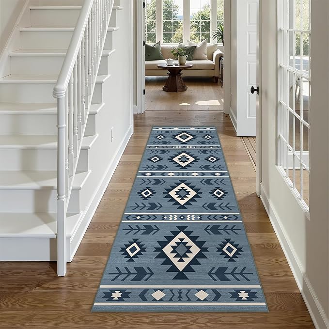 Western Runner Rug 2x6 for Hallway Kitchen Bedroom, Southwestern Aztec Tribal Runner Rugs Southwest Navajo Machine Washable Rug Non-Slip Printed Low-Pile Floor Carpet Mat for Living Room, Blue