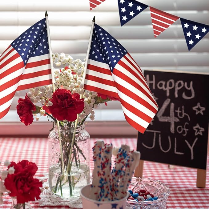 12x18 Inch American Flags on Stick - Patriotic American Flags for Outside, USA Stick Flag Perfect for Independence Day, Memorial Day, 4th of July Decorations (100)