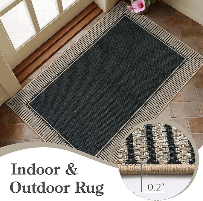 Moynesa Washable Black Striped Border Easy Jute Runner Rugs 2x6, Entryway Rug Runners for Kitchen, Farmhouse Indoor Outdoor Non Slip Carpet for Hallways Bathroom Bedroom Laundry