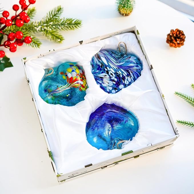 Set of 3 Handmade Glass Heart Ornament 3.9 Inch Blue Friendship Heart Balls | Hand-Blown Craftsmanship, Easy-Hang Lanyard Design for Indoor & Outdoor Hanging