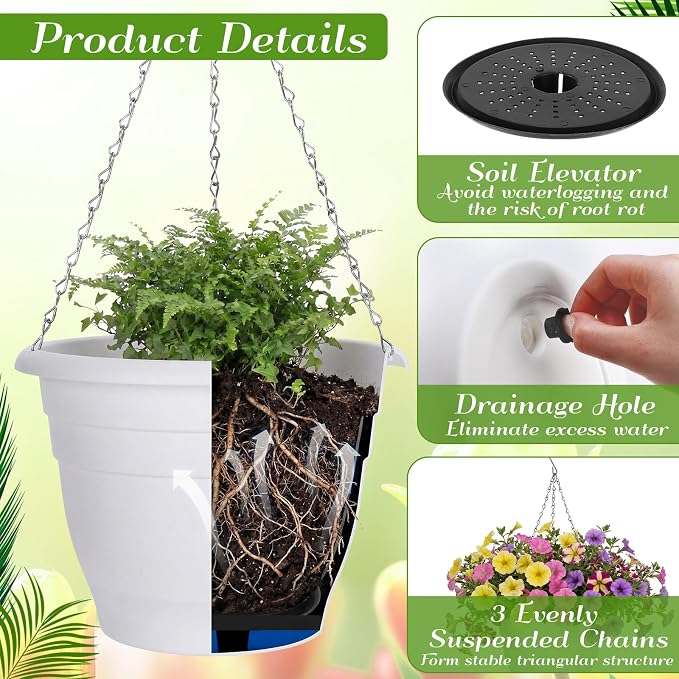 10 Pack 11 Inch Plastic Hanging Planter Bulk White Hanging Baskets for Plants with Drainage Trays Self Watering Plant Pot Outdoor Indoor Planter for Garden, Balcony, Porch, Patio Decor