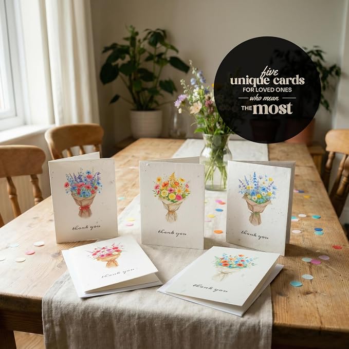 Thank You Cards – 5 Sets of Gift Cards with White Envelope Each, Embedded with Wildflower Seeds, Plantable and Writable Greeting Cards for Weddings, Baby Showers, Teachers, Friends, Business, and Everyday Gratitude