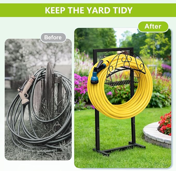 ATR ART TO REAL Garden Hose Holder, Heavy Duty Water Hose Reel For Outside Garden Hose Storage Hose Hanger Holds 150-Feet for Yard Lawn Farm (Style C + Basket)