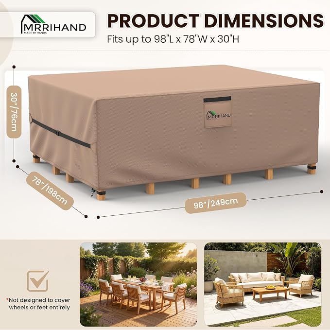 Mrrihand Upgrade 600D Heavy Duty Patio Furniture Covers Waterproof, Patio Furniture Outdoor Sectional Sofa Couch Set, Patio Table and Chair Set Cover 98" L×78" W×30" H, Brown