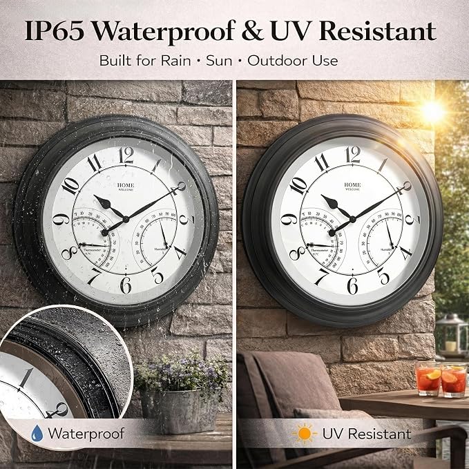 Pytha Sight 24 Inch Outdoor Clocks Waterproof, Large Easy-to-Read Illuminated Outdoor Wall Clock with Smart Light Sensor, Silent Large Outdoor Clock for Patio, Pool,Porch,Garden,Backyard