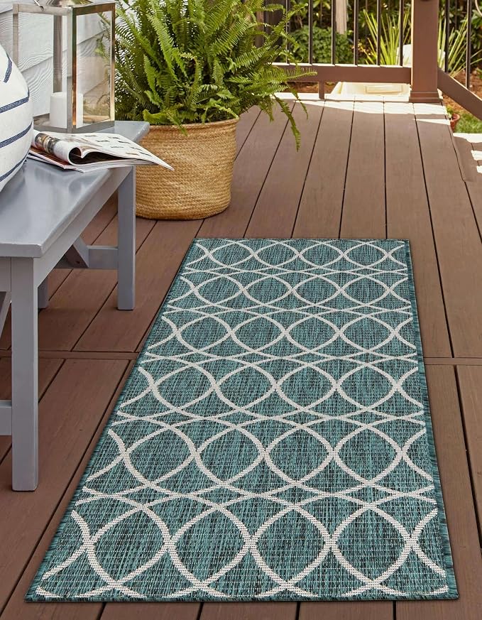 Unique Loom Outdoor Trellis Collection Area Rug - Gitter (2' x 6' 1" Runner, Teal/ Ivory)