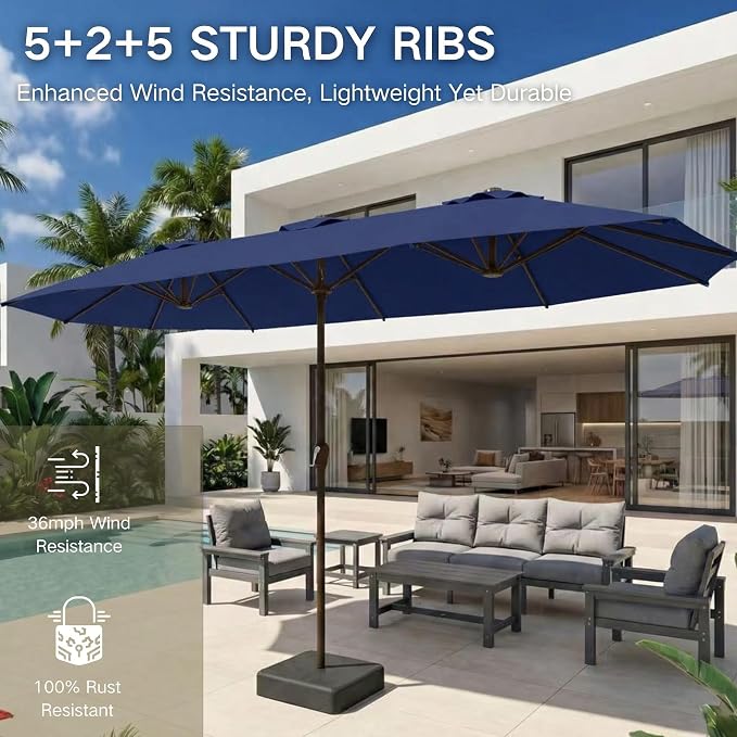 Kingdura 13ft Large Patio Umbrella with Base Included, Double-Sided Rectangle Outdoor Table Umbrella with 12 Reinforced Ribs, Crank Lift for Market Pool Deck Backyard, Navy blue