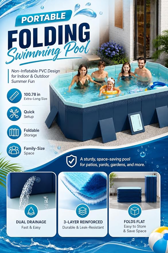 Non-Inflatable PVC Folding Swimming Pool Capacity Outdoor & Indoor Portable Pool for Patio, Garden, Yard, Adult & Family Summer Relaxation(82.67 Inch)