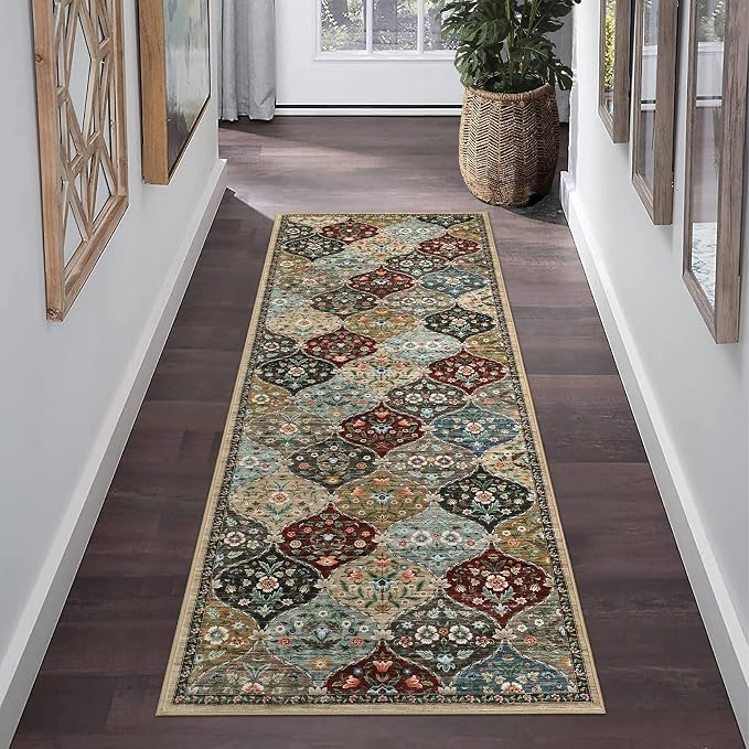 ROYHOME Runner Rug Trellis Floral Washable Hallway Runner 2' x 6' | Stain Resistant Non-Slip Vintage Distressed Floral Entrance Carpet for Bedroom Laundry Kitchen Entryway, Red/Brown