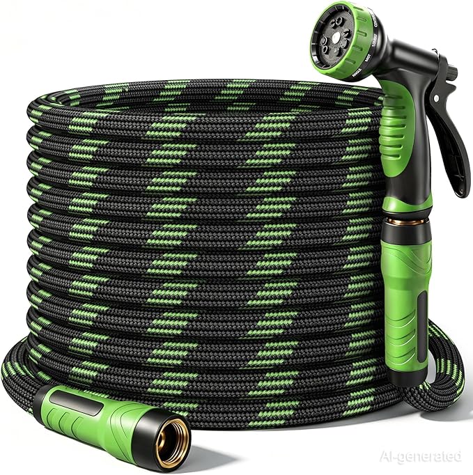 NON-EXPANDABLE Garden Hose 50 FT, Heavy Duty Steel Metal Flexible Water Hose with 10-Function Spray Nozzle, Durable Fabric Skin, No Kinks & Leak-Proof with Upgraded Handle