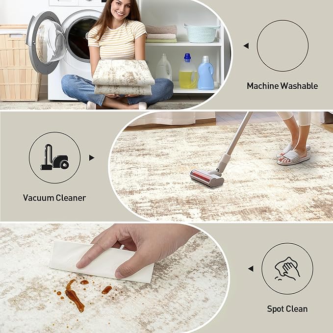 6x9 Area Rugs for Living Room: Washable Abstract Beige Grey Badroom Carpet | Non-slip TPE backing makes this washable soft low-pile rug safe & durable, Pet-friendly decor for dining room,nursery,office