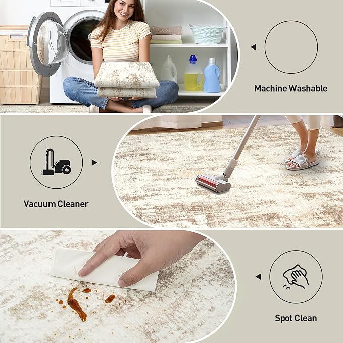 5x7 Area Rugs for Living Room: Washable Abstract Beige Grey Badroom Carpet | Non-slip TPE backing makes this washable soft low-pile rug safe & durable, Pet-friendly decor for dining room,nursery,office