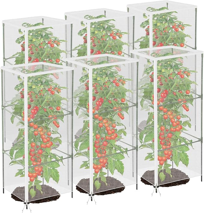6 Pack 59" x 17.7" Garden Bird Netting for Square Tomato Cage, Tomato Trellis Netting with Zipper & Drawstring, Insect Bird Barrier Plant Cover